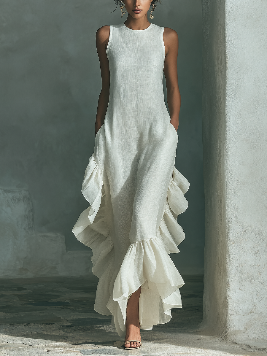 Women’s Ivory Linen Sleeveless Ruffle Hem Maxi Dress – Casual Elegant Summer Day Dress