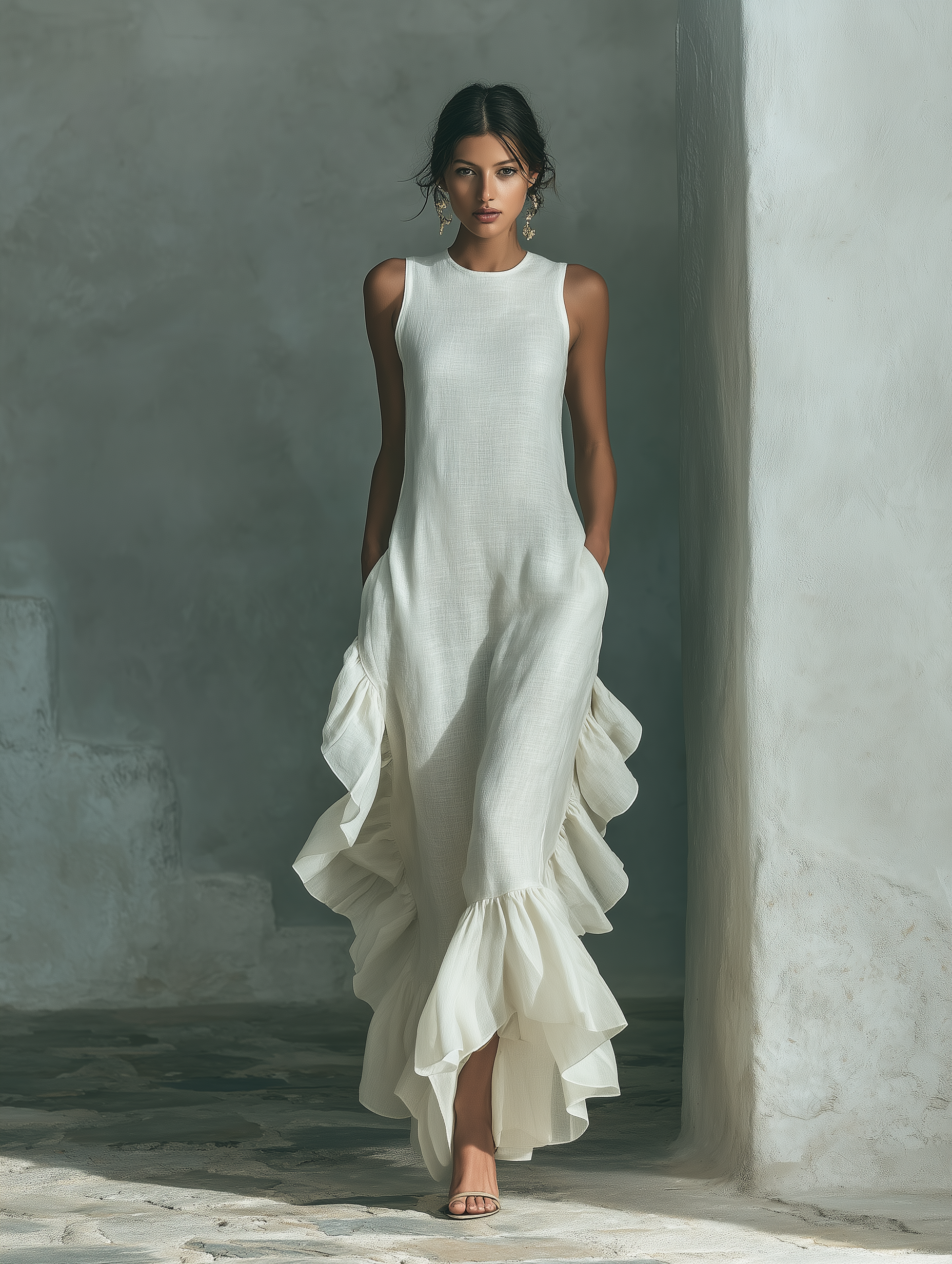 Women’s Ivory Linen Sleeveless Ruffle Hem Maxi Dress – Casual Elegant Summer Day Dress