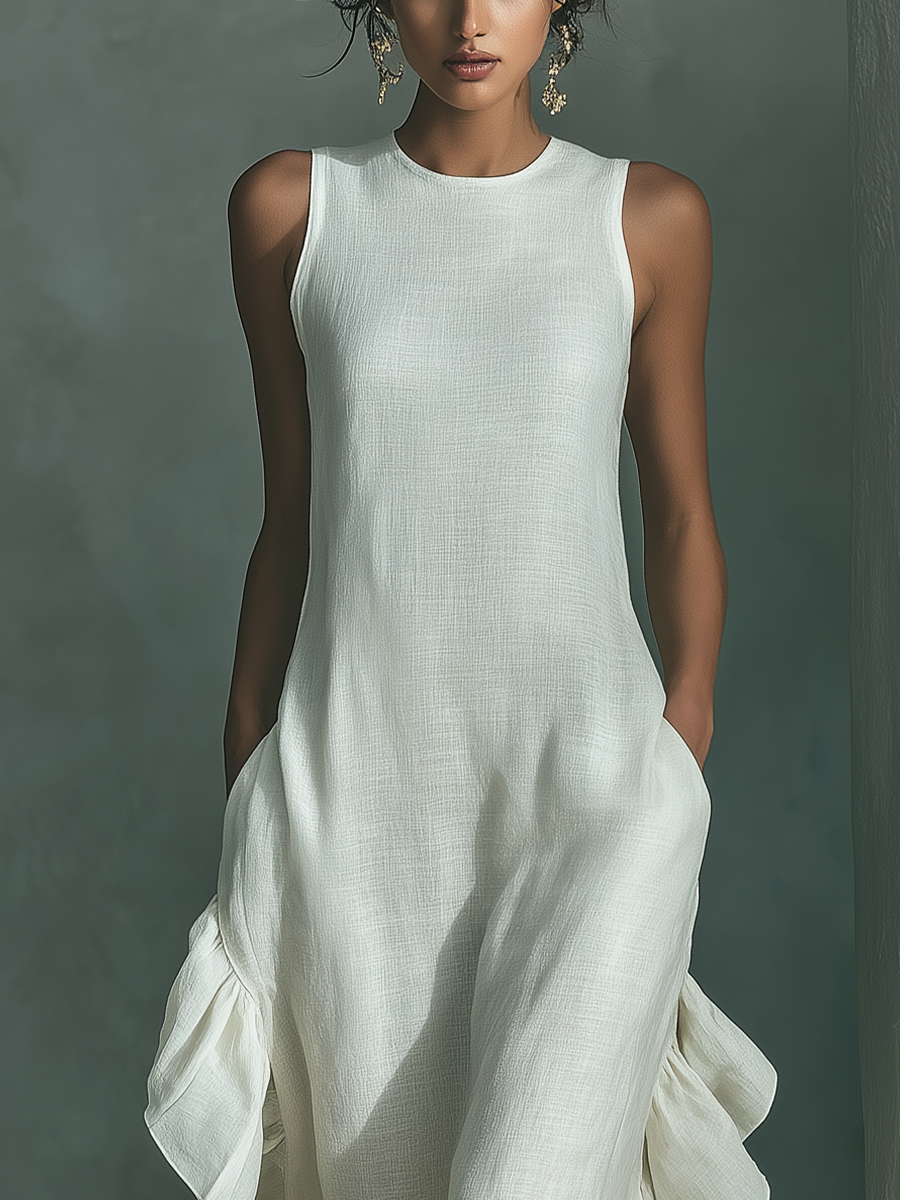 Women’s Ivory Linen Sleeveless Ruffle Hem Maxi Dress – Casual Elegant Summer Day Dress