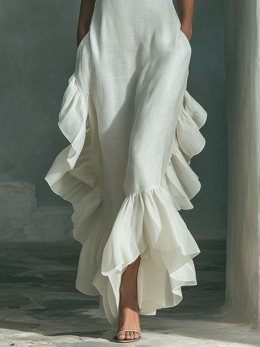 Women’s Ivory Linen Sleeveless Maxi Dress – Round Neck Ruffle Hem Elegant Summer Casual Dress