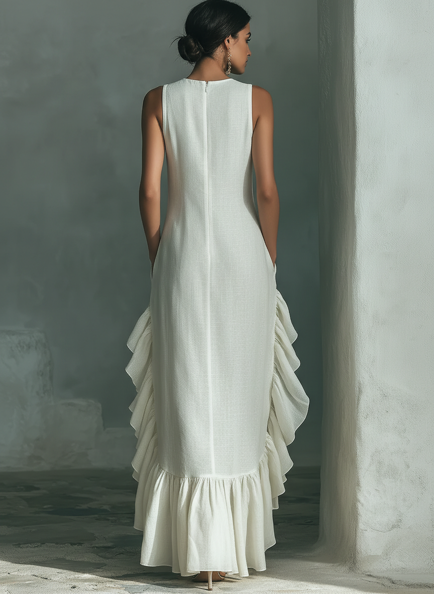 Women’s Ivory Linen Sleeveless Ruffle Hem Maxi Dress – Casual Elegant Summer Day Dress