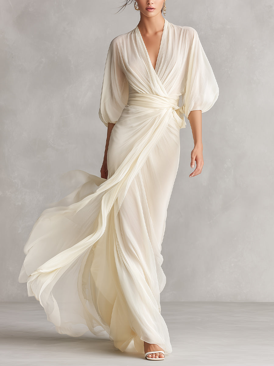 Women’s Ivory Sheer Chiffon Wrap Maxi Dress – Elegant Puff Sleeve Formal Evening Gown
