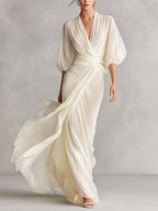 Women’s Ivory Sheer Chiffon Wrap Maxi Dress – Elegant Puff Sleeve Formal Evening Gown