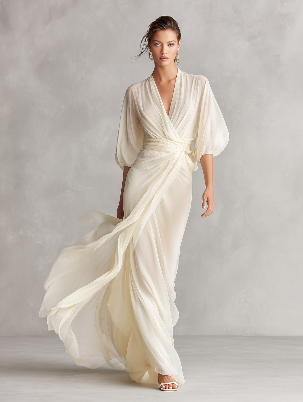 Women’s Ivory Sheer Chiffon Wrap Maxi Dress – Elegant Puff Sleeve Formal Evening Gown