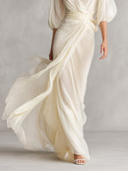 Women’s Ivory Sheer Chiffon Wrap Maxi Dress – Elegant Puff Sleeve Formal Evening Gown