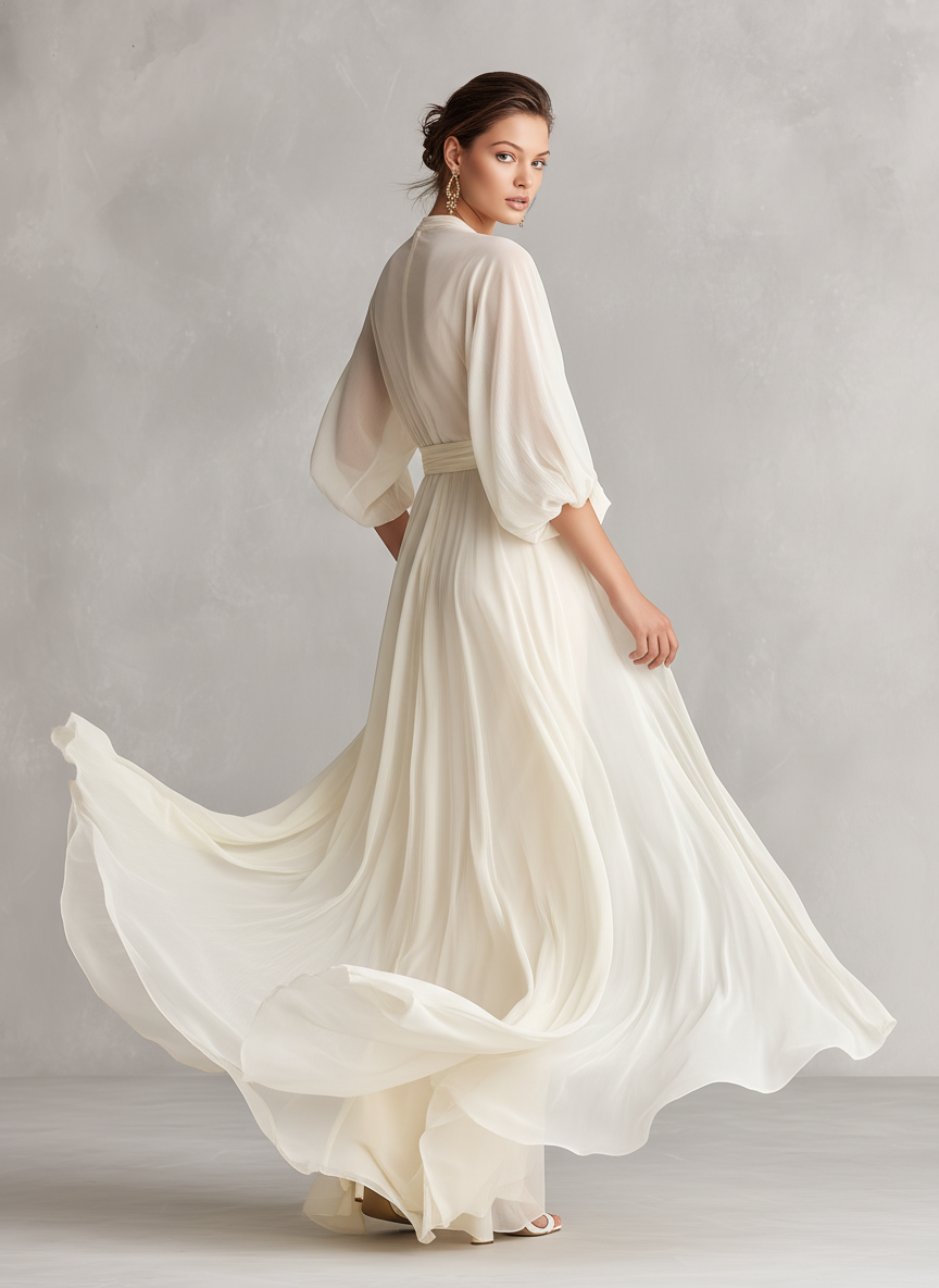 Women’s Ivory Sheer Chiffon Wrap Maxi Dress – Puff Sleeve Elegant Romantic Formal Occasion Dress