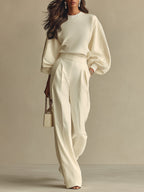 Women’s Ivory Textured Knit 2-Piece Set – Ribbed Crew Neck Top & High-Waisted Pants Minimalist Co-Ord Outfit