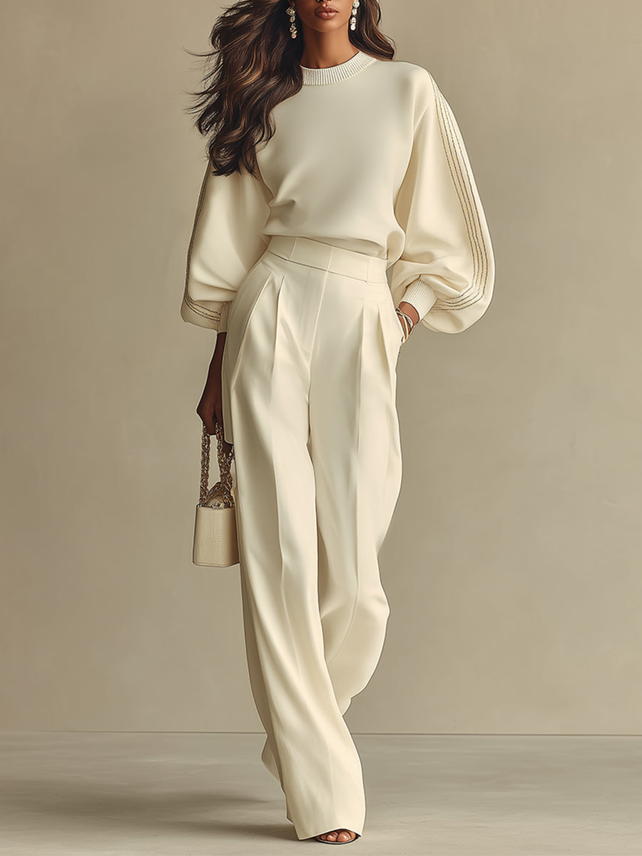 Women’s Ivory Textured Knit 2-Piece Set – Ribbed Crew Neck Top & High-Waisted Pants Minimalist Co-Ord Outfit