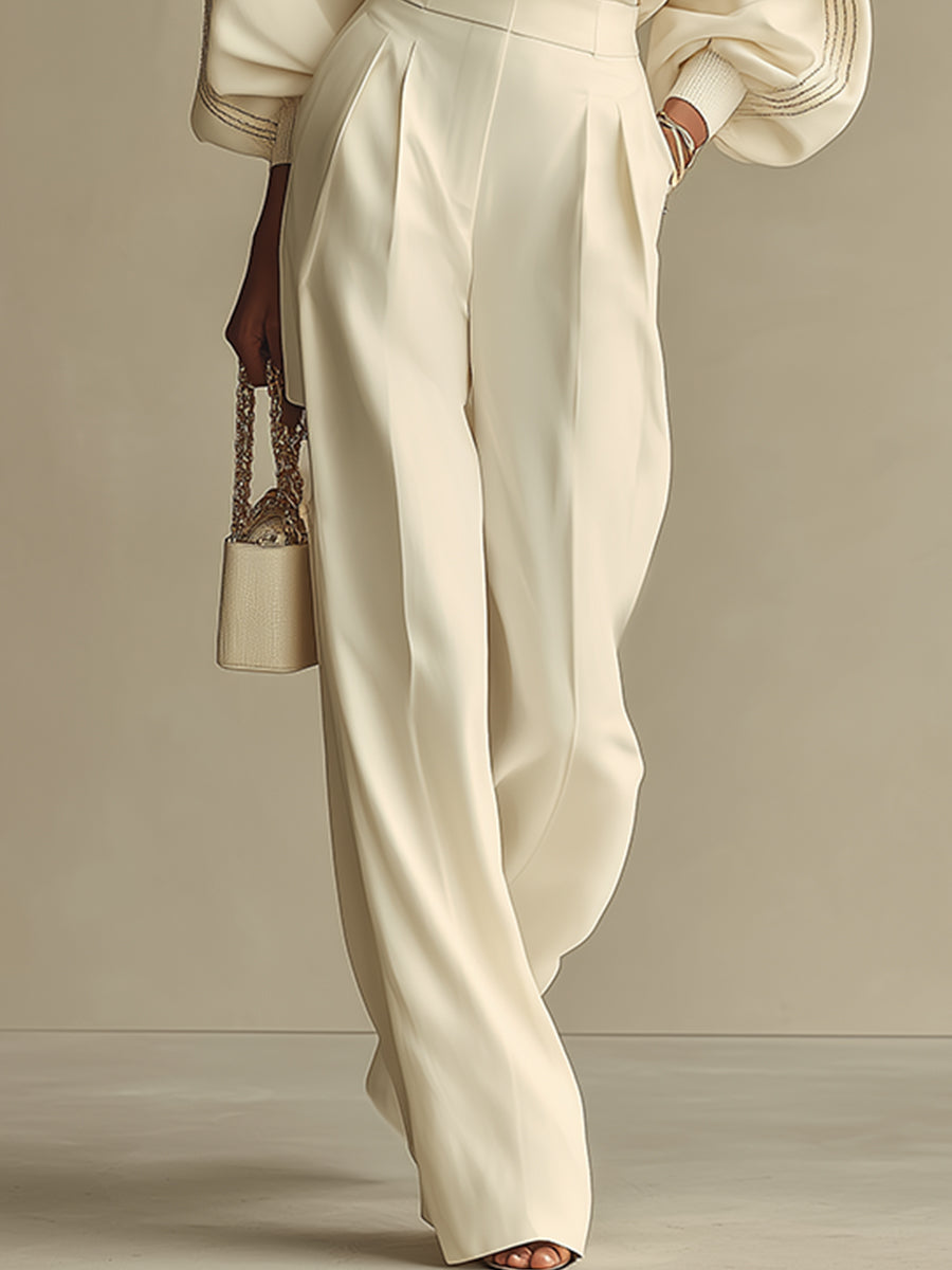 Women’s Ivory Textured Knit 2-Piece Set – Ribbed Crew Neck Top & High-Waisted Pants Minimalist Co-Ord Outfit