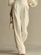 Women’s Ivory Textured Knit 2-Piece Set – Ribbed Crew Neck Top & High-Waisted Pants Minimalist Co-Ord Outfit