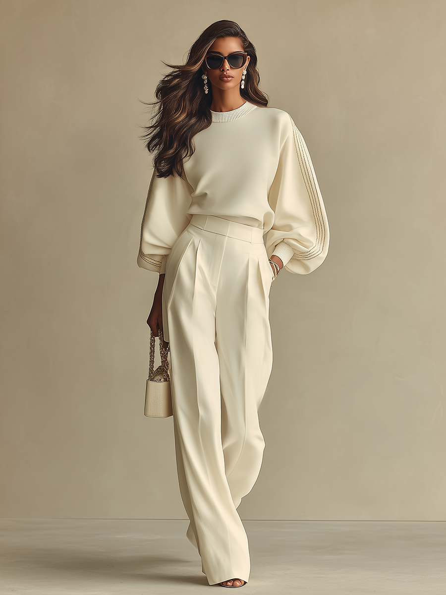 Women’s Ivory Textured Knit 2-Piece Set – Ribbed Crew Neck Top & High-Waisted Pants Minimalist Co-Ord Outfit