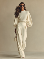 Women’s Ivory Textured Knit 2-Piece Set – Ribbed Crew Neck Top & High-Waisted Pants Minimalist Co-Ord Outfit