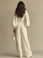 Women’s Ivory Textured Knit 2-Piece Set – Ribbed Crew Neck Top & High-Waisted Pants Minimalist Co-Ord Outfit