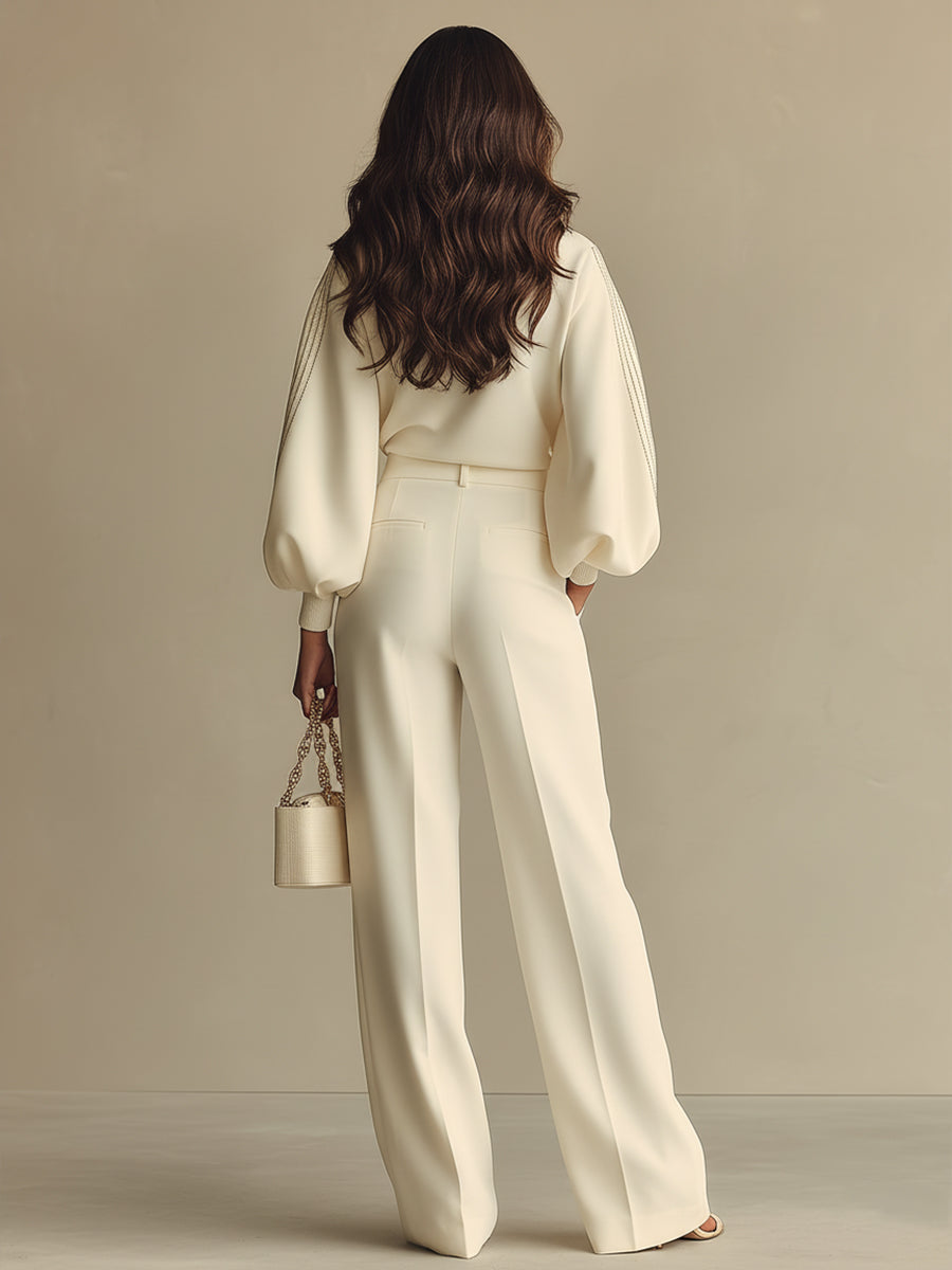 Women’s Ivory Textured Knit 2-Piece Set – Ribbed Crew Neck Top & High-Waisted Pants Minimalist Co-Ord Outfit