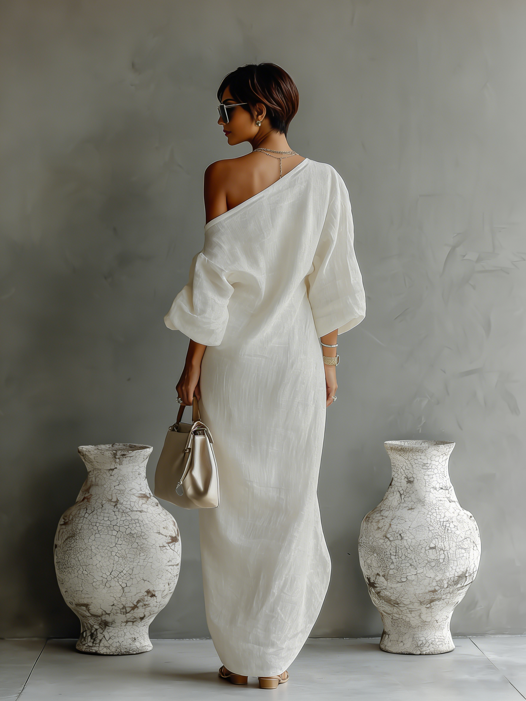 Women’s Ivory One-Shoulder Maxi Dress – Cotton Linen Blend Elegant Flowing Wedding & Occasion Dress