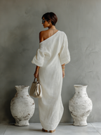Women’s Ivory One-Shoulder Cotton Linen Maxi Dress – Elegant Flowing Long Sleeve Special Occasion Gown
