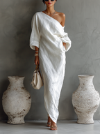 Women’s Ivory One-Shoulder Cotton Linen Maxi Dress – Elegant Flowing Long Sleeve Special Occasion Gown