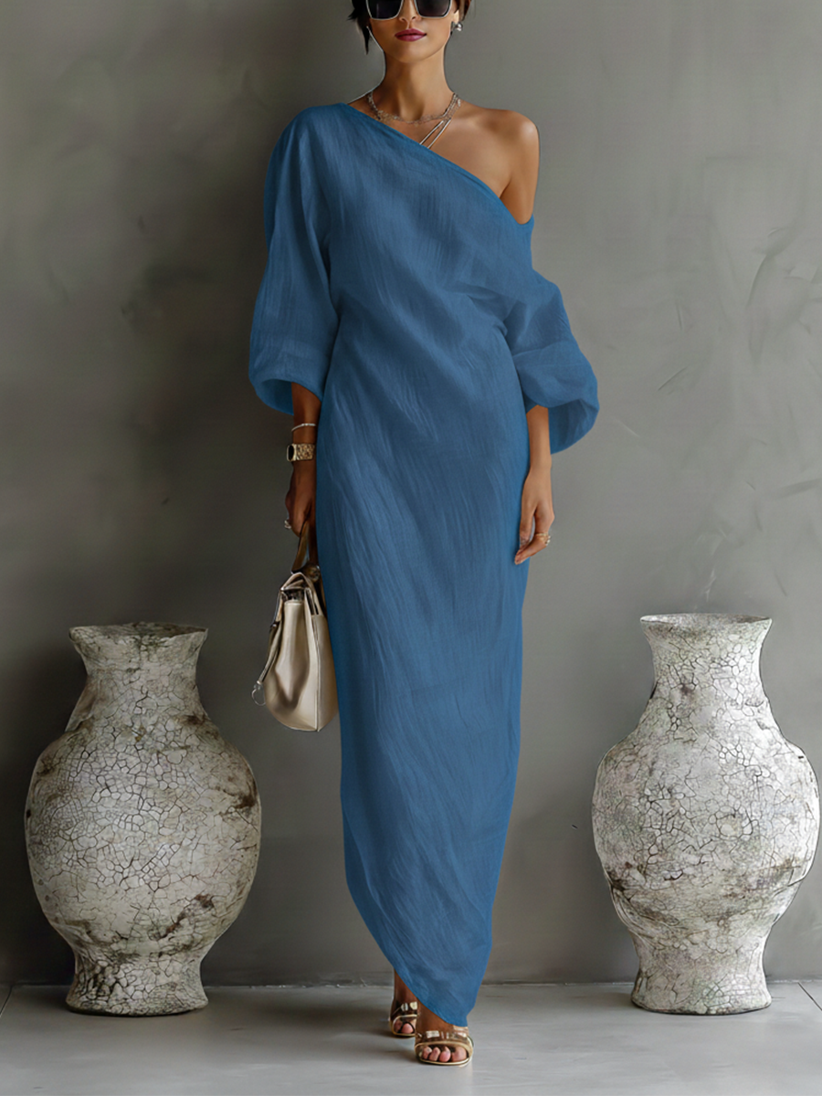 Women’s Ivory One-Shoulder Maxi Dress – Cotton Linen Blend Elegant Flowing Wedding & Occasion Dress