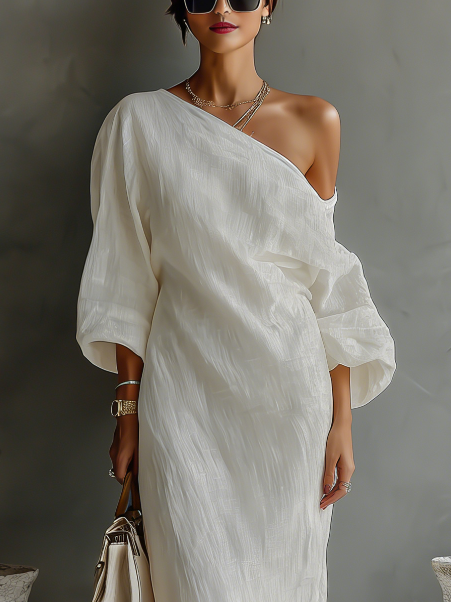 Women’s Ivory One-Shoulder Maxi Dress – Cotton Linen Blend Elegant Flowing Wedding & Occasion Dress