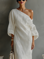 Women’s Ivory One-Shoulder Cotton Linen Maxi Dress – Elegant Flowing Long Sleeve Special Occasion Gown