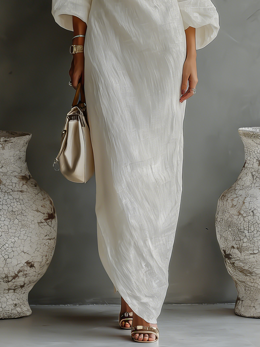 Women’s Ivory One-Shoulder Maxi Dress – Cotton Linen Blend Elegant Flowing Wedding & Occasion Dress