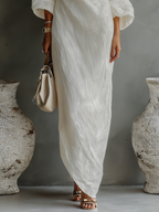 Women’s Ivory One-Shoulder Cotton Linen Maxi Dress – Elegant Flowing Long Sleeve Special Occasion Gown