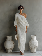 Women’s Ivory One-Shoulder Cotton Linen Maxi Dress – Elegant Flowing Long Sleeve Special Occasion Gown