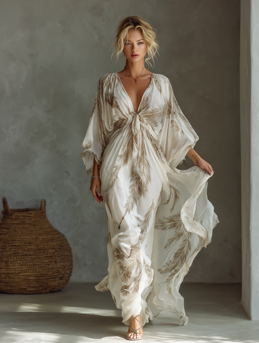 Women’s Palm Leaf Print Chiffon Twist Front Maxi Dress – Elegant Resort Vacation Evening Dress