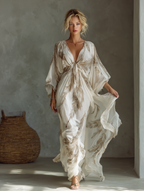 Women’s Palm Leaf Print Chiffon Twist Front Maxi Dress – Elegant Resort Vacation Evening Dress