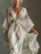 Women’s Palm Leaf Print Chiffon Twist Front Maxi Dress – Elegant Resort Vacation Evening Dress