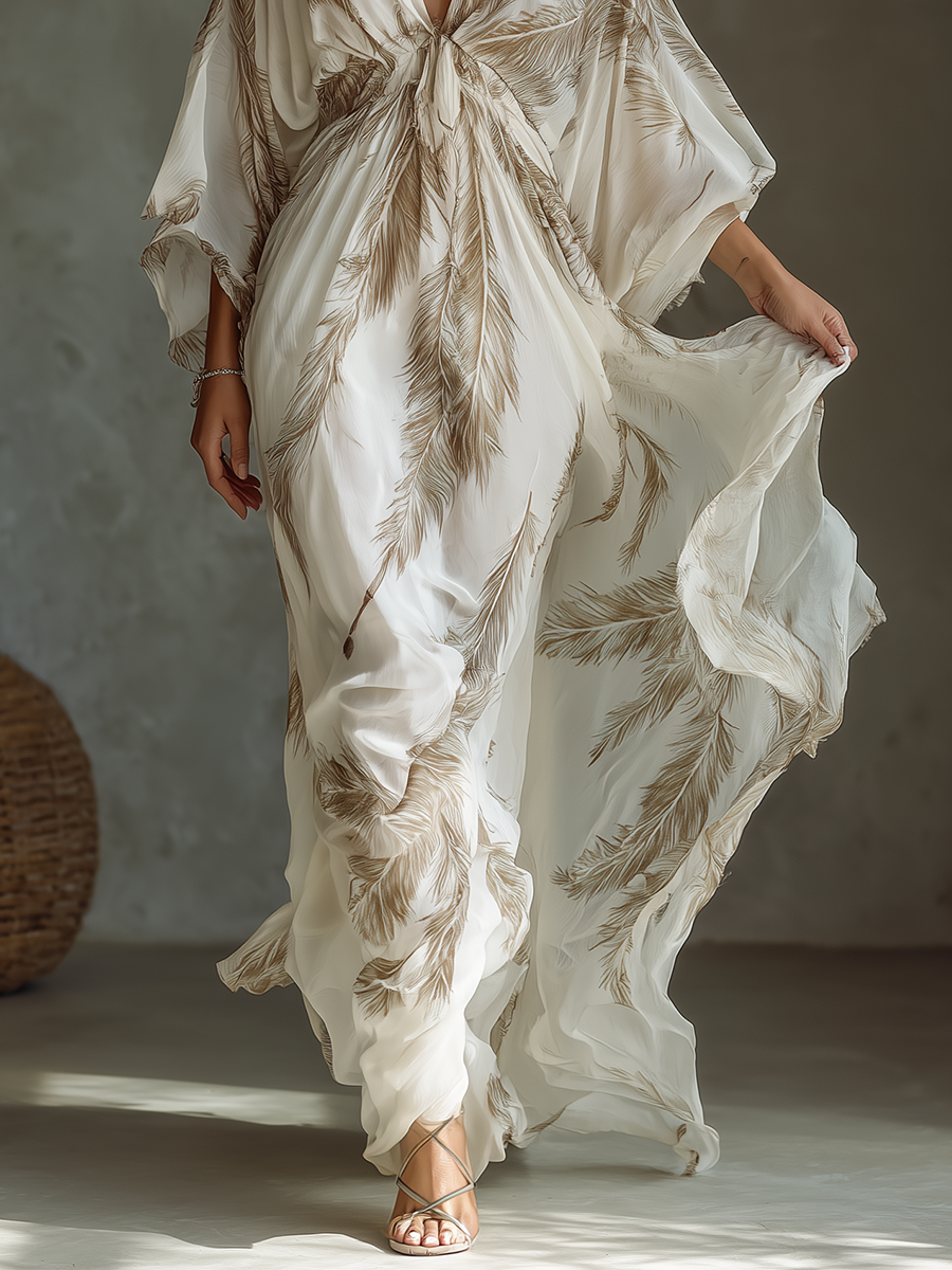 Women’s Palm Leaf Print Chiffon Twist Front Maxi Dress – Elegant Resort Vacation Evening Dress