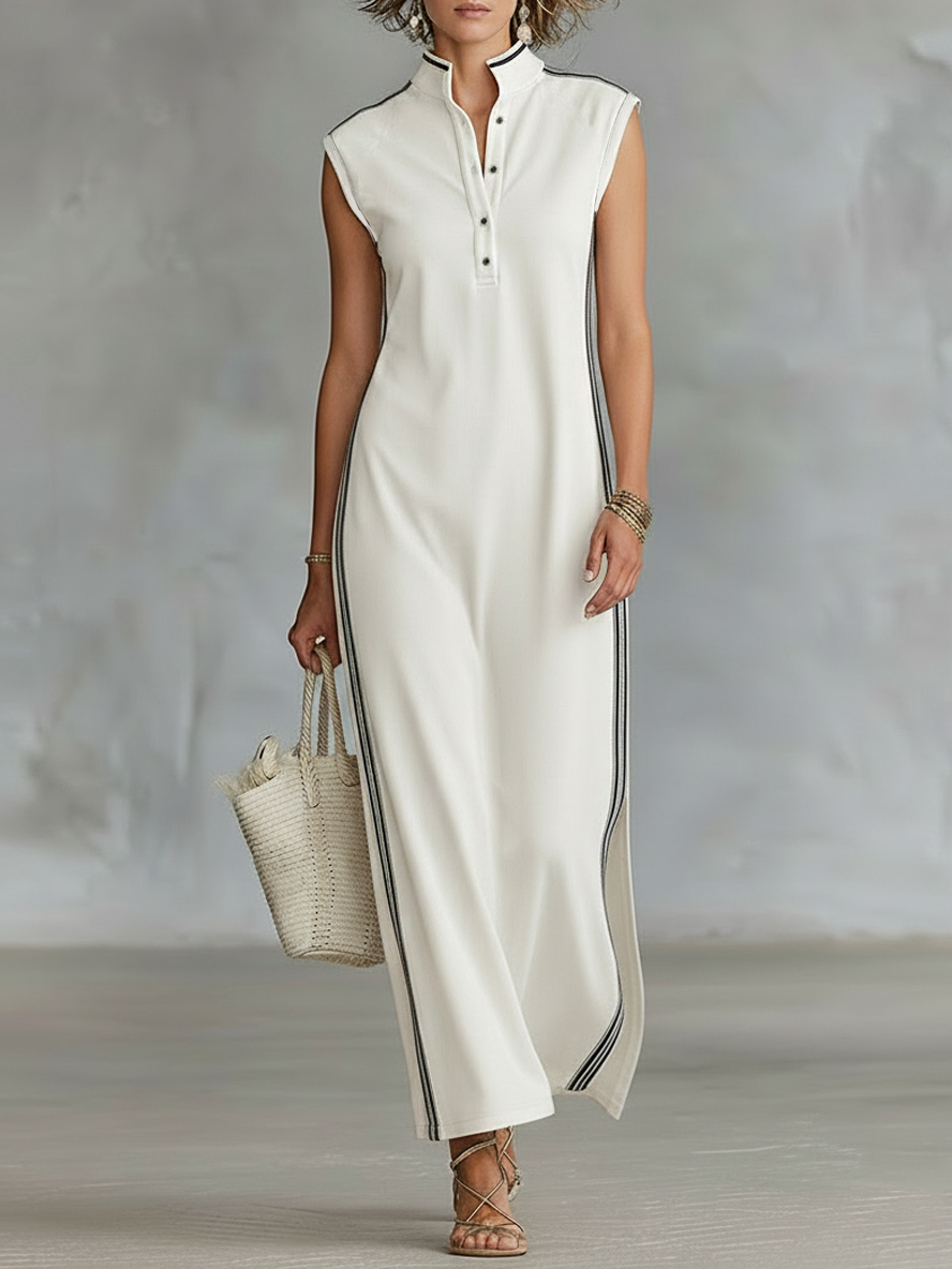 Monaco Stripe-Trim Henley Maxi Dress White & Navy Sleeveless Column Dress
