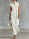 Monaco Stripe-Trim Henley Maxi Dress White & Navy Sleeveless Column Dress