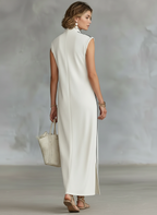 Monaco Stripe-Trim Henley Maxi Dress White & Navy Sleeveless Column Dress