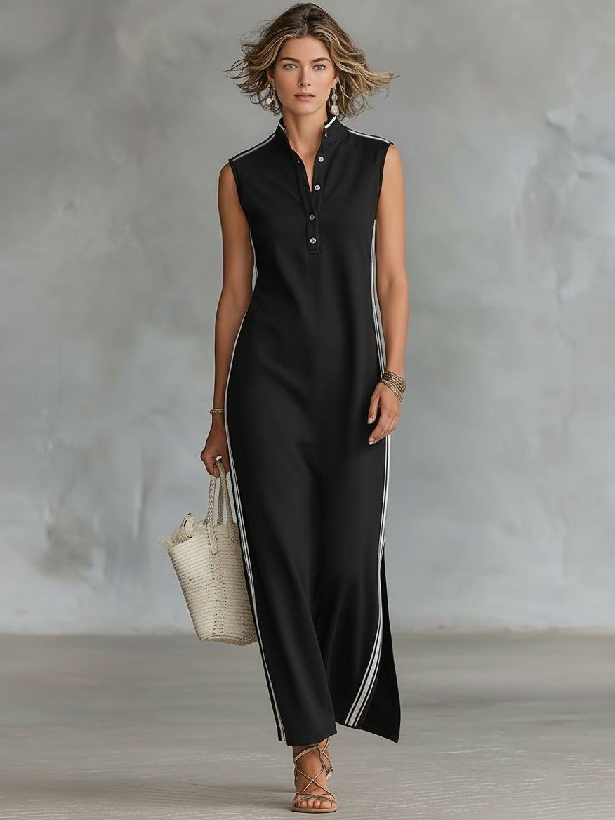Monaco Stripe-Trim Henley Maxi Dress White & Navy Sleeveless Column Dress