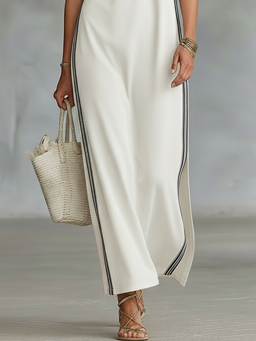 Monaco Stripe-Trim Henley Maxi Dress White & Navy Sleeveless Column Dress
