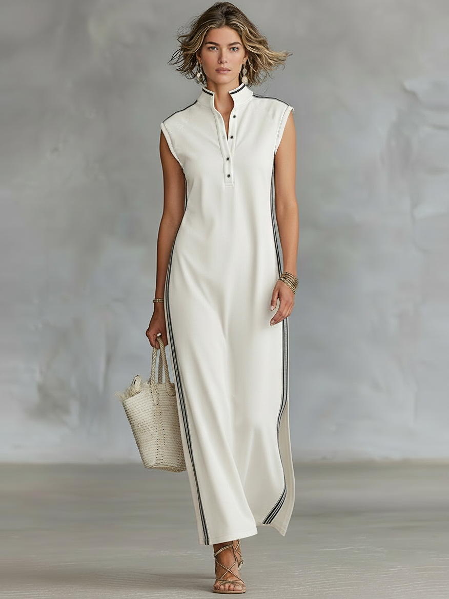 Monaco Stripe-Trim Henley Maxi Dress White & Navy Sleeveless Column Dress