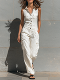 Women’s Minimalist Single-Breasted V-Neck Jumpsuit – Sleeveless Tailored Full-Length Outfit