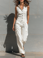 Women’s Minimalist Single-Breasted V-Neck Jumpsuit – Sleeveless Tailored Full-Length Outfit