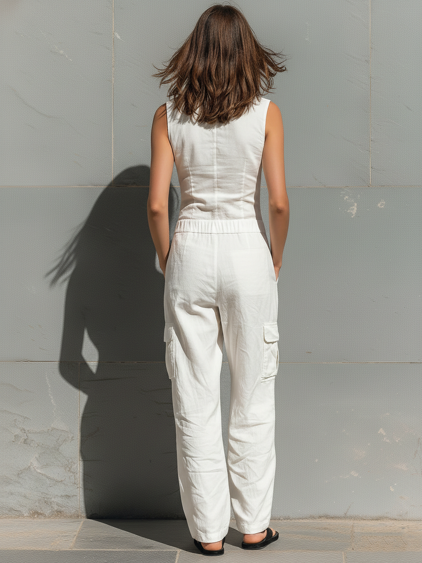 Women’s Minimalist Single-Breasted V-Neck Jumpsuit – Sleeveless Tailored Full-Length Outfit
