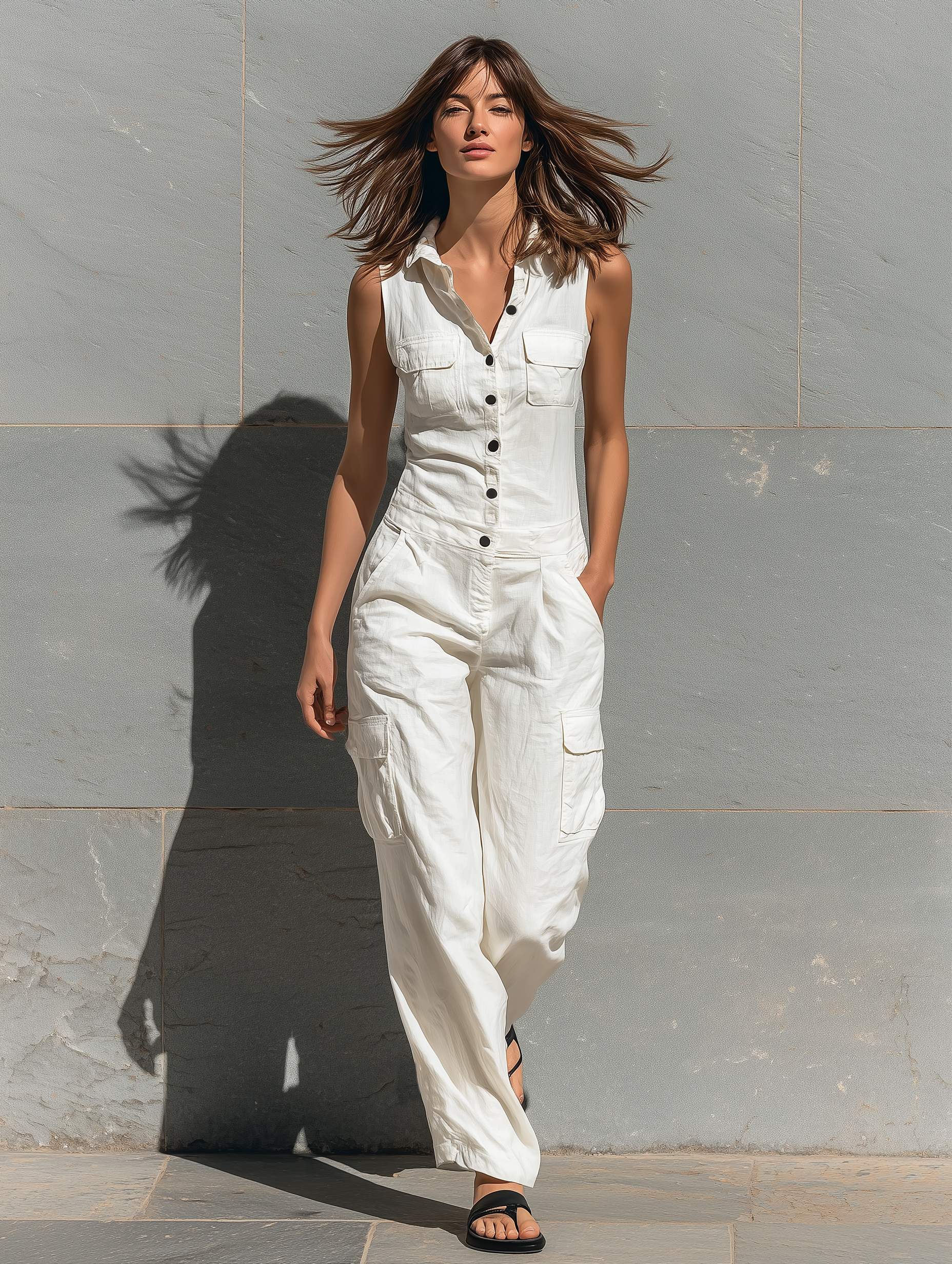Women’s Minimalist Single-Breasted V-Neck Jumpsuit – Sleeveless Tailored Full-Length Outfit