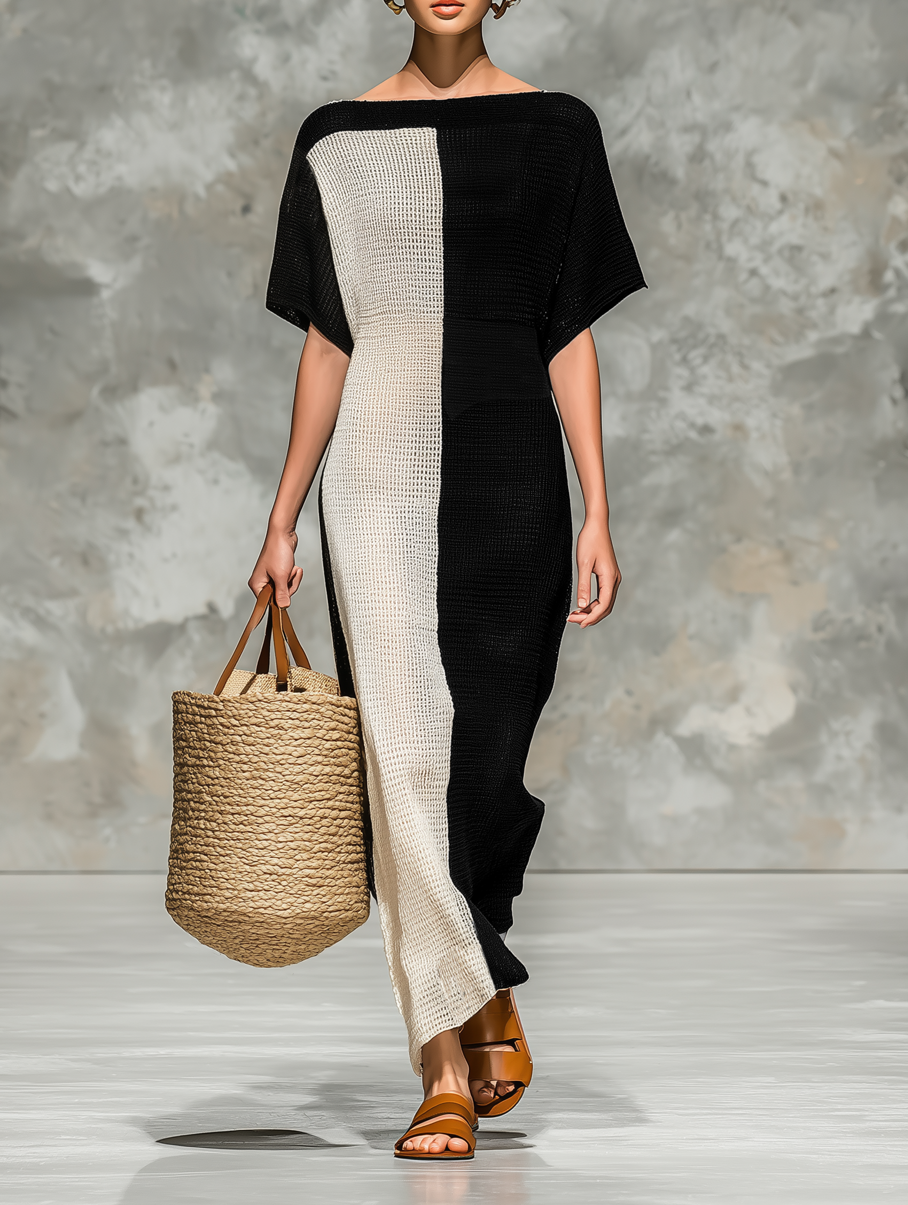 Women’s Minimalist Knit Maxi Dress – Boat Neck Short Sleeve Casual Elegant Long Dress