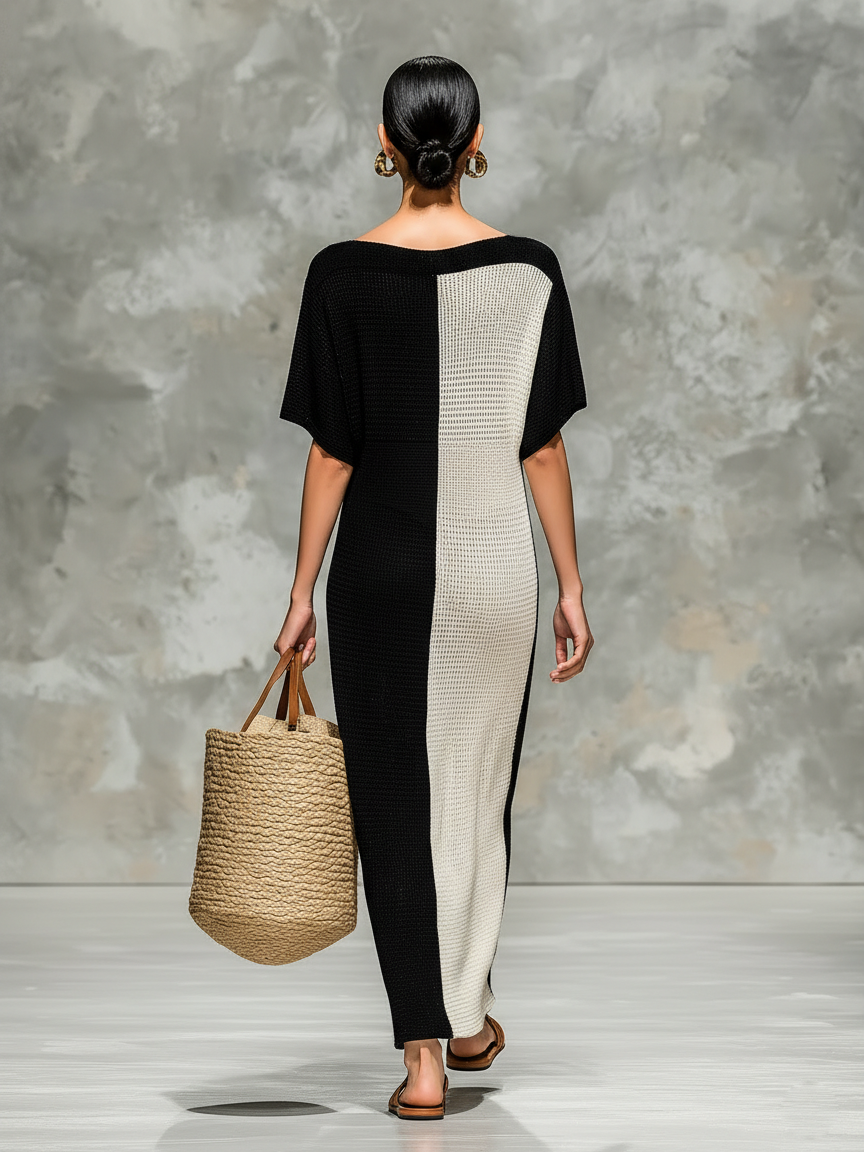 Women’s Minimalist Knit Maxi Dress – Boat Neck Short Sleeve Casual Elegant Long Dress