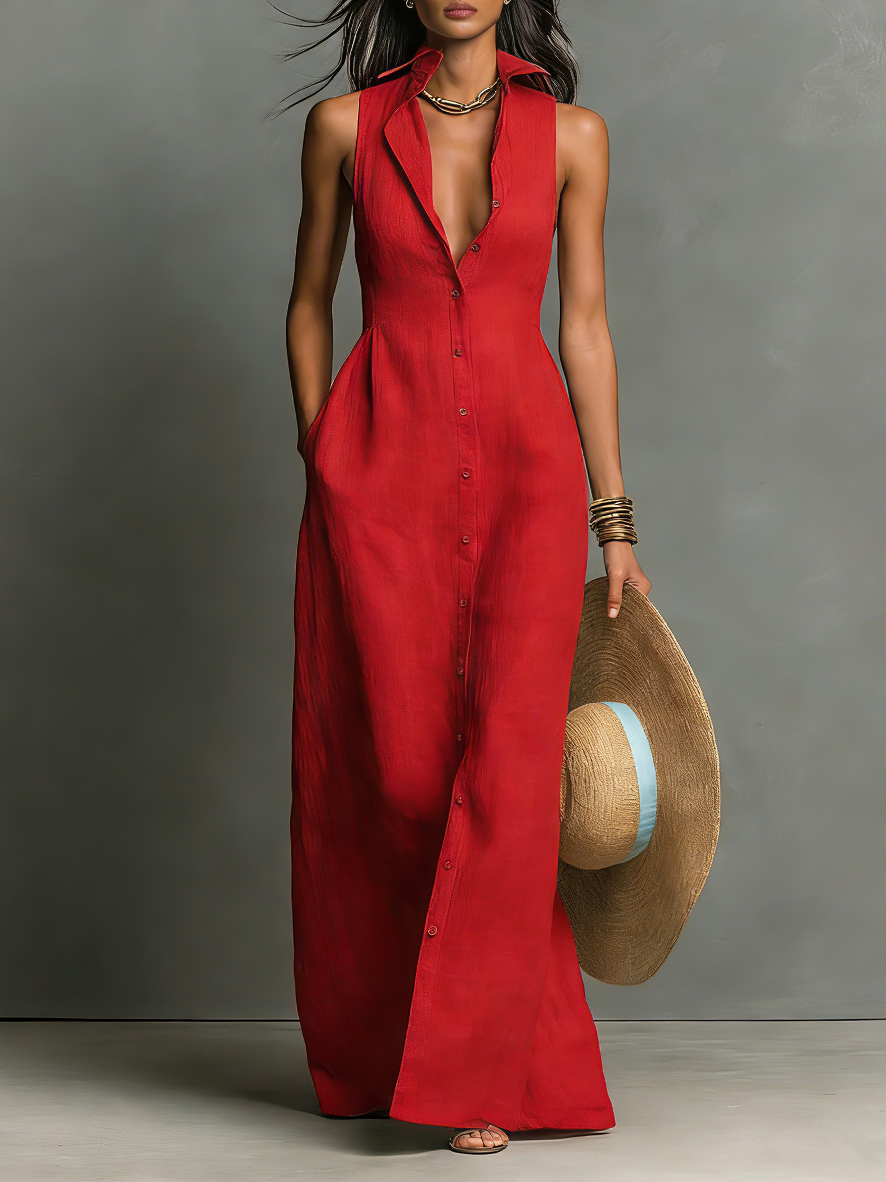 Women’s Linen Blend Sleeveless Button Front Maxi Shirt Dress – Casual Elegant Summer Collared Dress