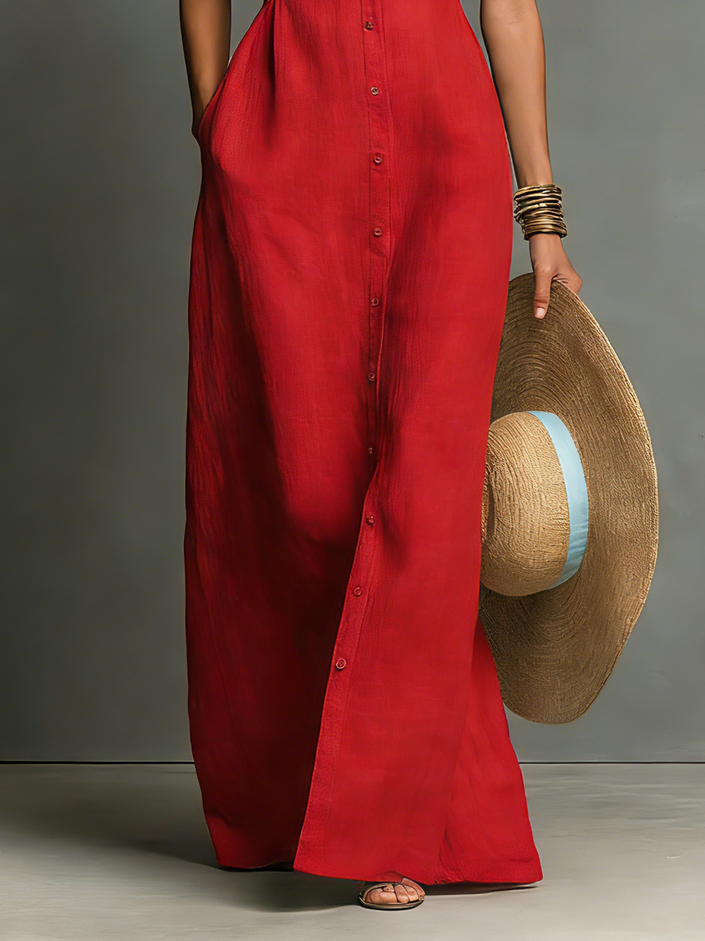 Women’s Linen Blend Maxi Shirt Dress – Sleeveless Button Front Collared Summer Dress