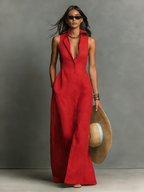 Women’s Linen Blend Maxi Shirt Dress – Sleeveless Button Front Collared Summer Dress