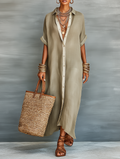 Women’s Linen Blend Shirt Maxi Dress – Short Sleeve Button Front Minimalist Summer Casual Dress