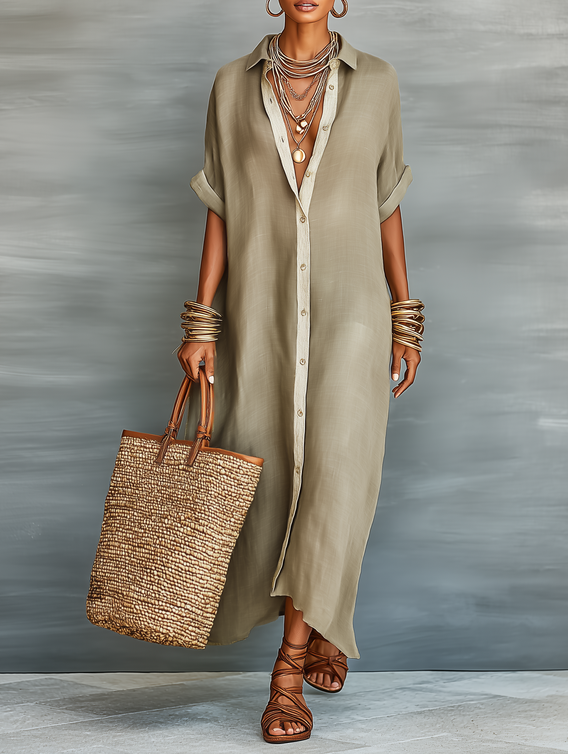 Women’s Linen Blend Shirt Maxi Dress – Short Sleeve Button Front Minimalist Summer Casual Dress