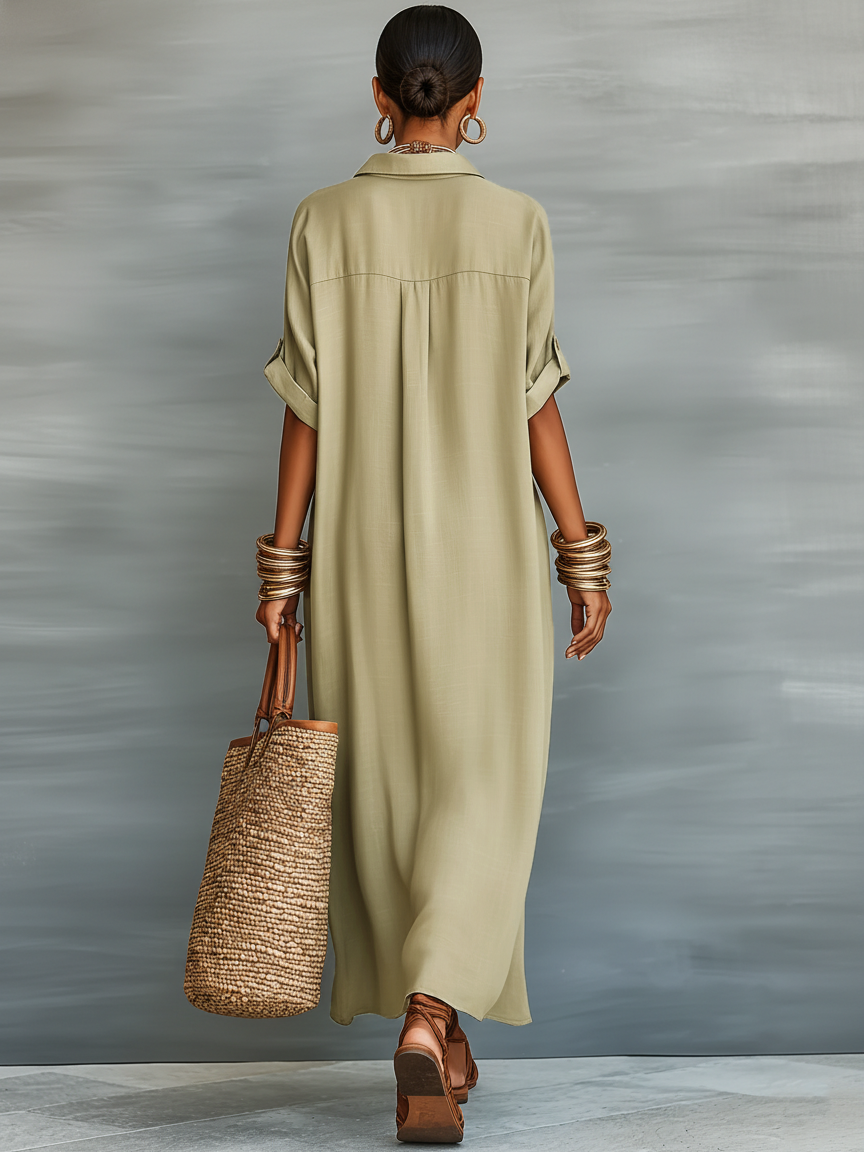 Women’s Linen Blend Shirt Maxi Dress – Short Sleeve Collared Button-Front Casual Elegant Dress