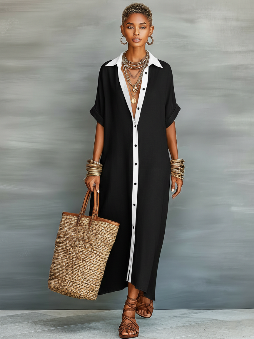 Women’s Linen Blend Shirt Maxi Dress – Short Sleeve Button Front Minimalist Summer Casual Dress